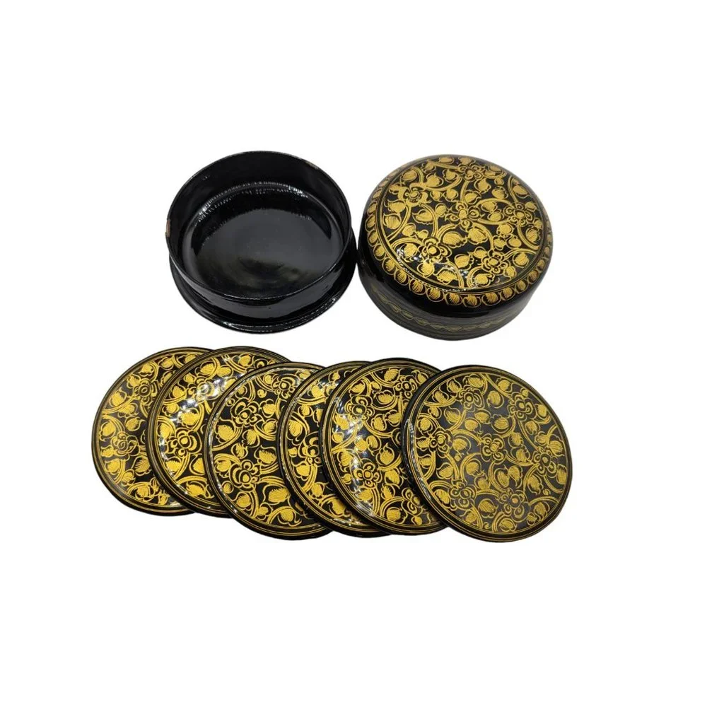 Vtg Kashmiri Hand Printed Lacquerware Box With 6 Coasters Black And Gold